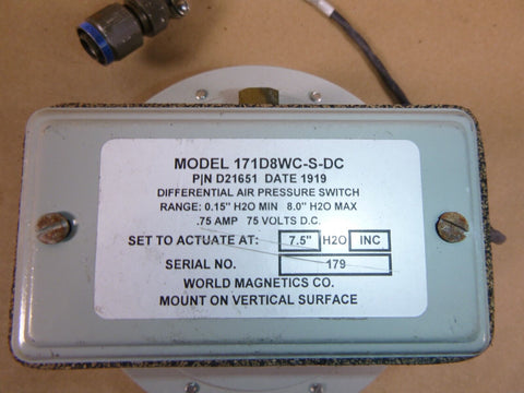 WORLD MAGNETICS DIFFERENTIAL PRESSURE SWITCH 171D8WC - S - DC, 0.15 - 8" H2O RANGE - Royal Equipment WORLD MAGNETICS