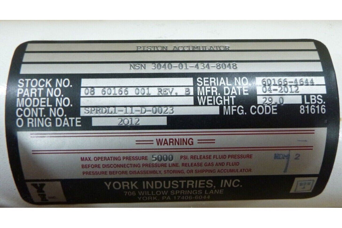 YORK INDUSTRIES 0860166001 REV B PISTON ACCUMULATOR 13211E8902 3040-01-434-8048 | Industrial MRO Replacement Parts, Manufacturing Machine Parts &amp; Components, Heavy Equipment Parts Supplier