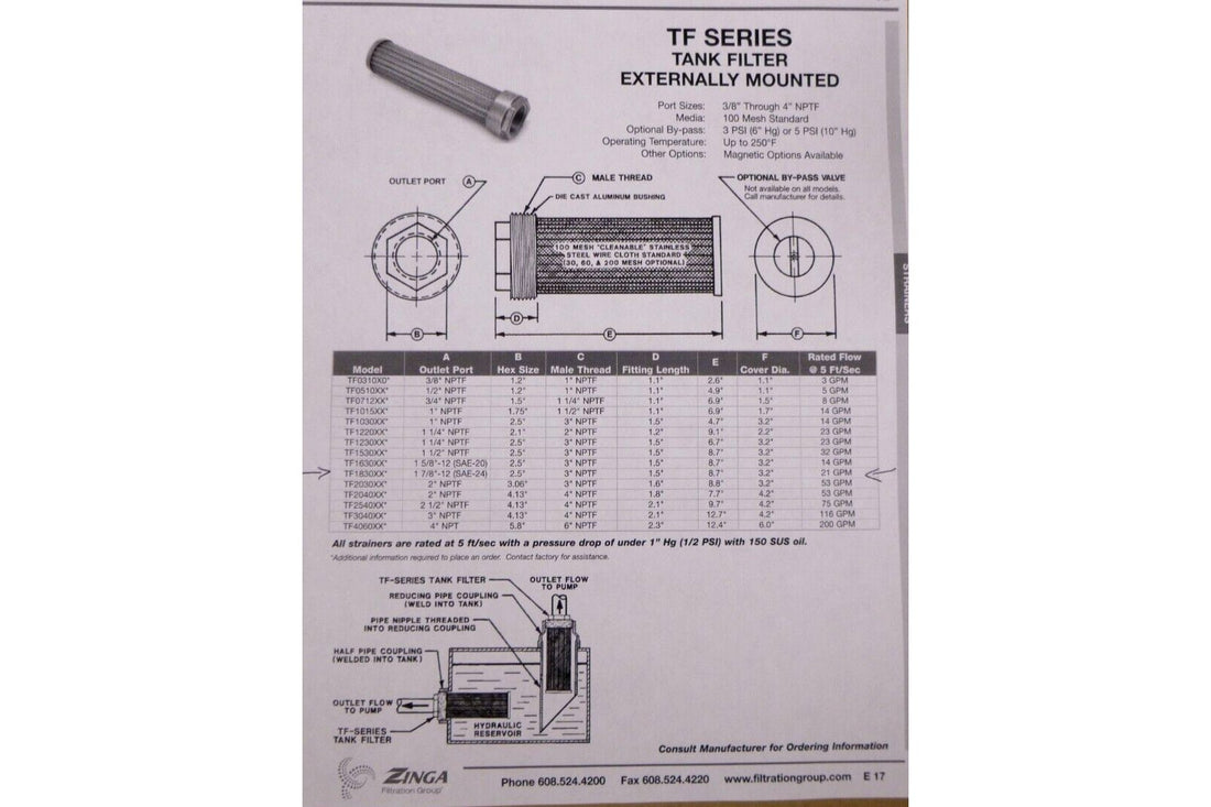 Zinga Externally Mounted TF Series Hydraulic Tank Filter 1-7/8"-12 Outlet 21 GPM | Industrial MRO Replacement Parts, Manufacturing Machine Parts &amp; Components, Heavy Equipment Parts Supplier